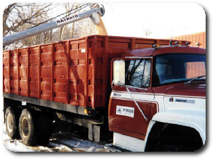 Photo of grain being loaded into a truck.